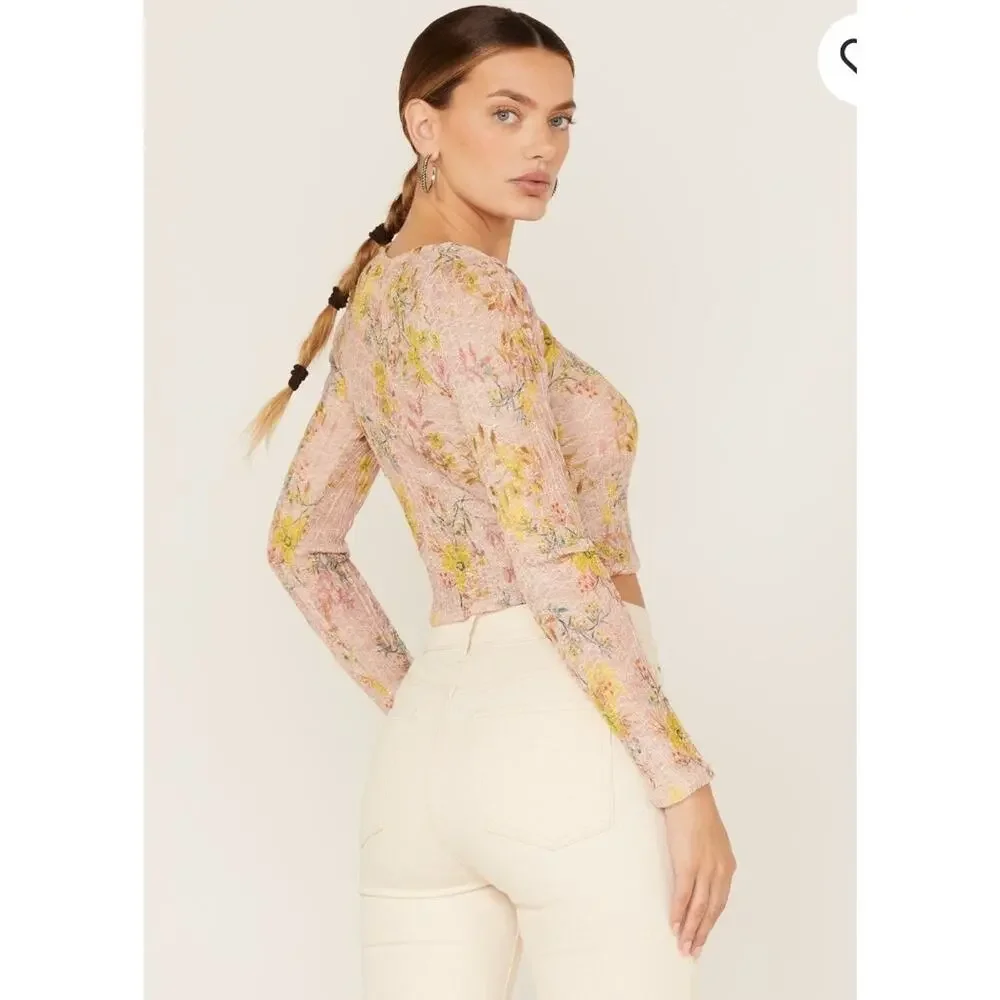 Free People Women's Pink Angelina Floral Print Crop Top Shirt XS